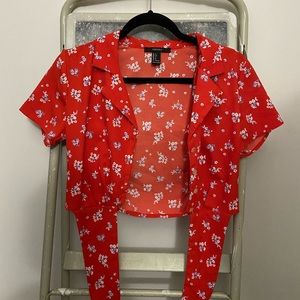 Forever 21, Red Floral Self Tie Crop Top in Size Small